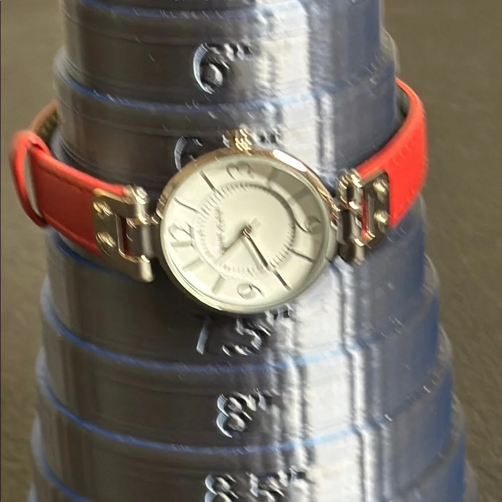 Anne Klein Red Leather Strap Watch Silver Tone Working Dainty​